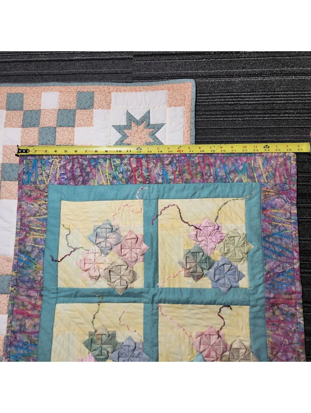 Lot of 2 Handmade Quilted Wall Hangings 24x24 Origami Flower & Patchwork Decor